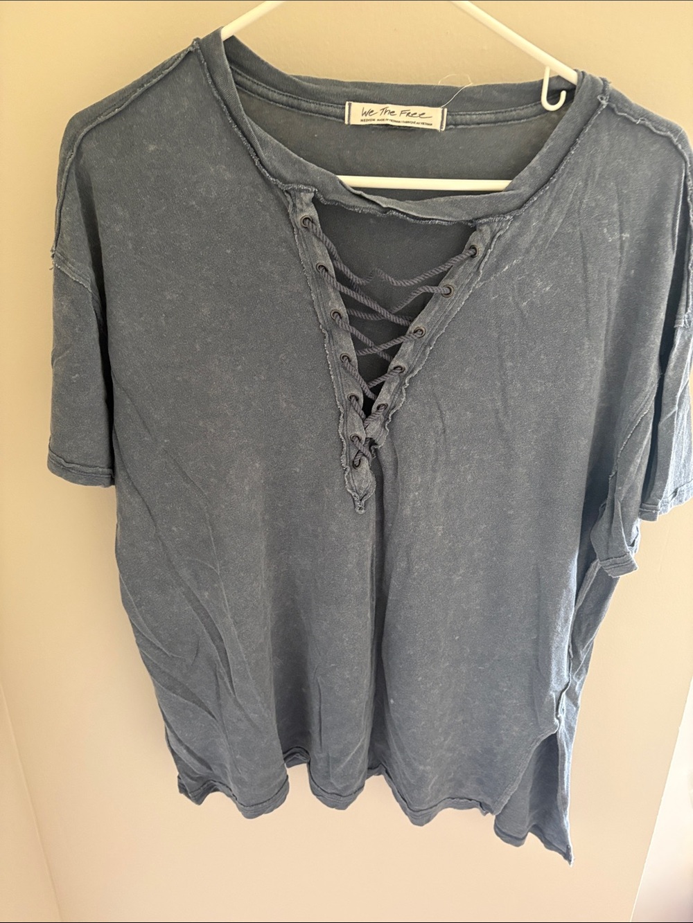 We The Free Washed Slate Blue Lace-Up Short Sleeve Tee